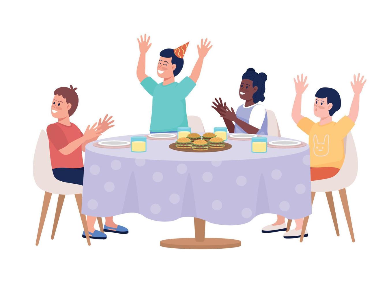 Happy kids at dining table semi flat color vector characters