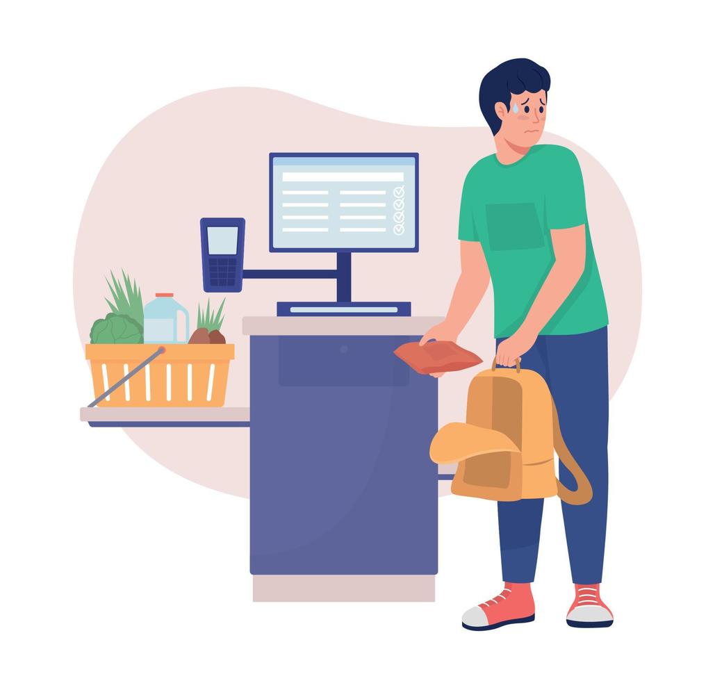 Stealing at self check out 2D vector isolated illustration