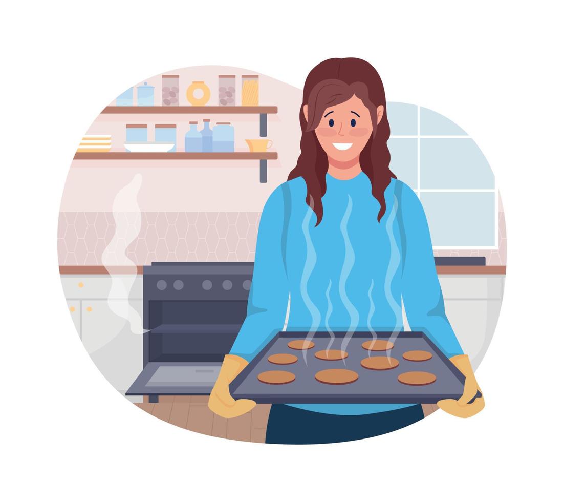 Lady baking cookies 2D vector isolated illustration