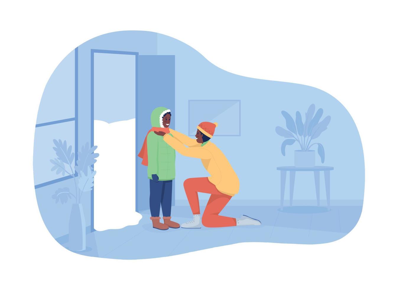 Father and son dressing warm 2D vector isolated illustration