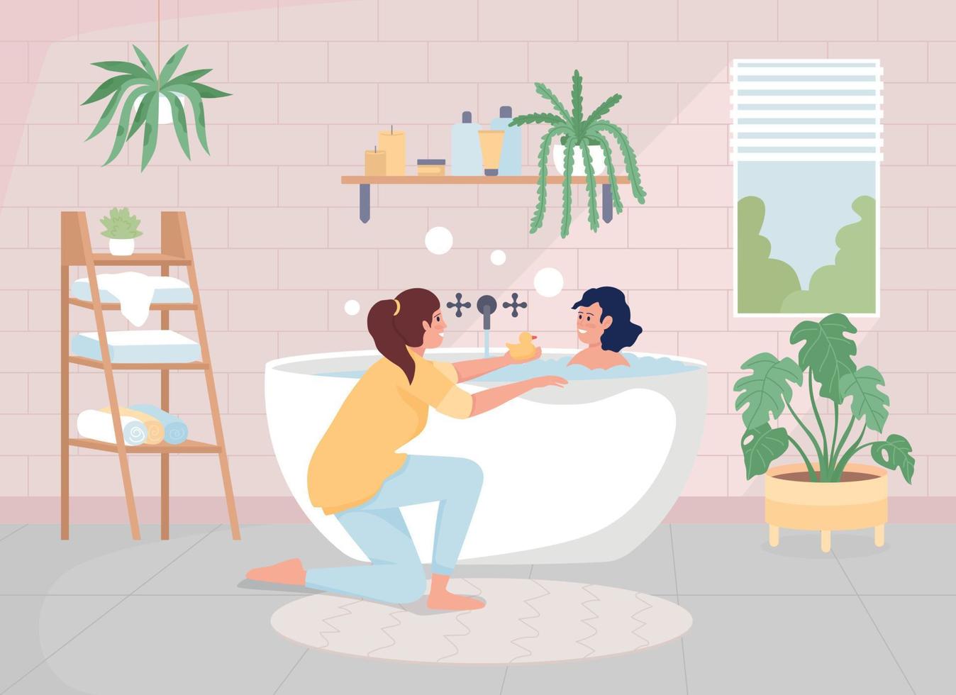 Mother bathing her daughter flat color vector illustration