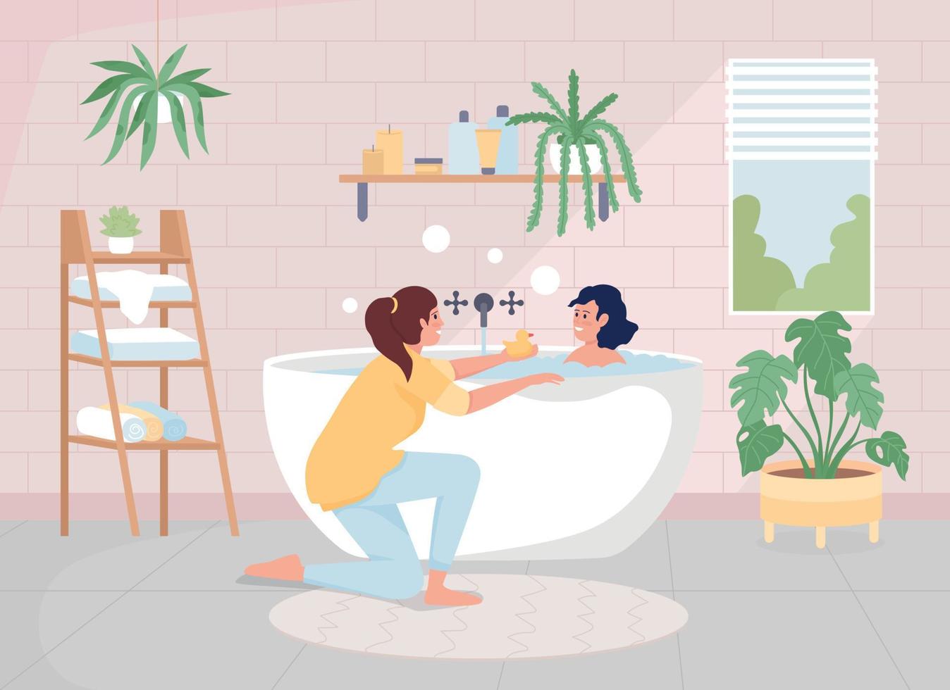 madre bañando a su hija ilustración vectorial de color plano vector