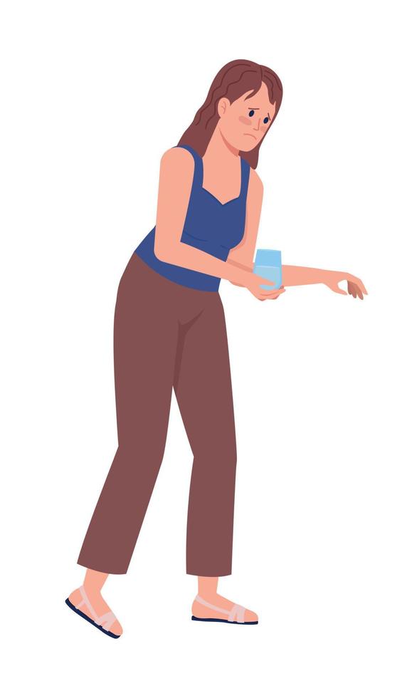 Lady holding glass of water semi flat color vector character