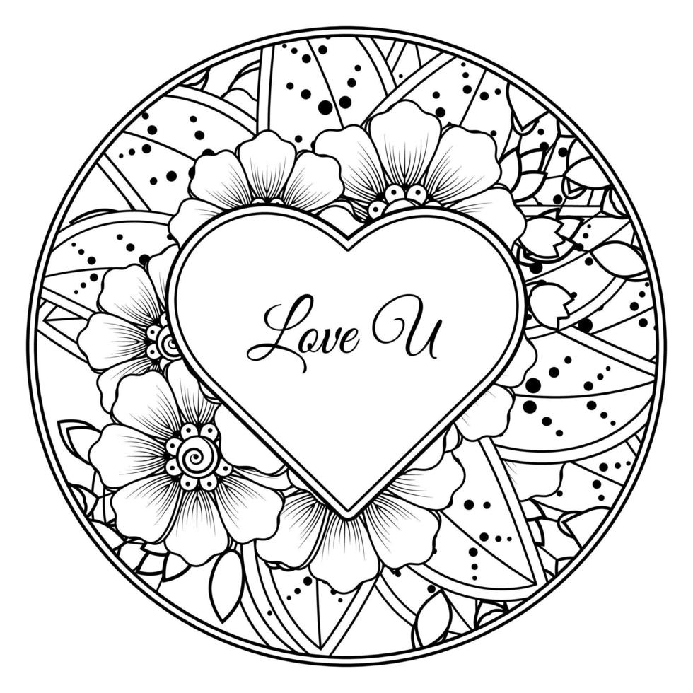 Mehndi flower with frame in shape of heart. decoration in ethnic oriental, doodle ornament. vector