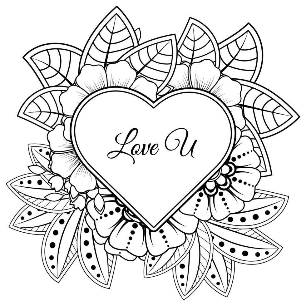 Mehndi flower with frame in shape of heart. decoration in ethnic oriental, doodle ornament. vector