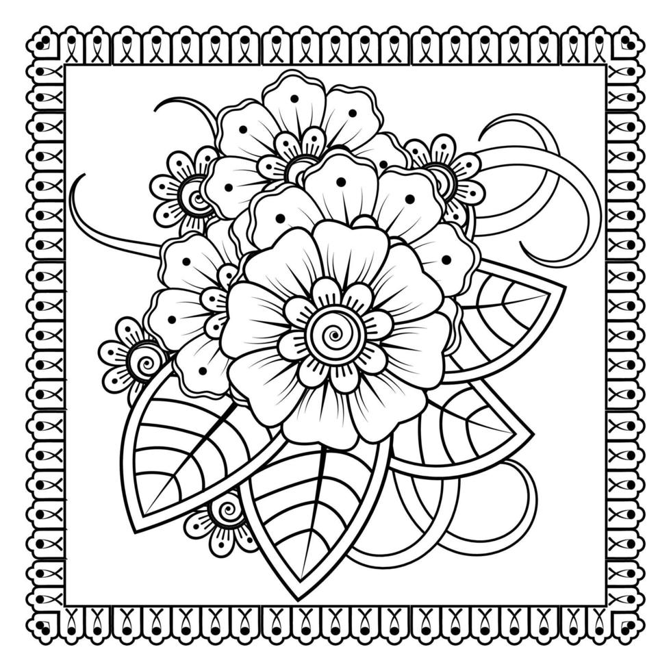 flor mehndi para henna, mehndi, tatuaje, decoración. adorno decorativo en estilo étnico oriental, adorno de doodle, dibujo a mano de contorno. página de libro para colorear. vector