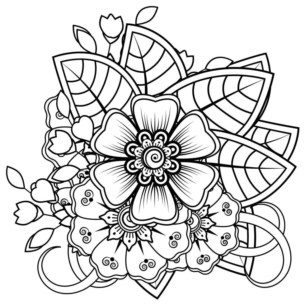 flor mehndi para henna, mehndi, tatuaje, decoración. adorno decorativo en estilo étnico oriental, adorno de doodle, dibujo a mano de contorno. página de libro para colorear. vector