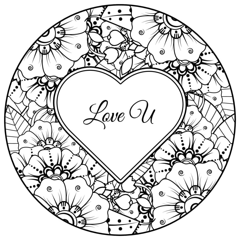 Mehndi flower with frame in shape of heart. decoration in ethnic oriental, doodle ornament. vector