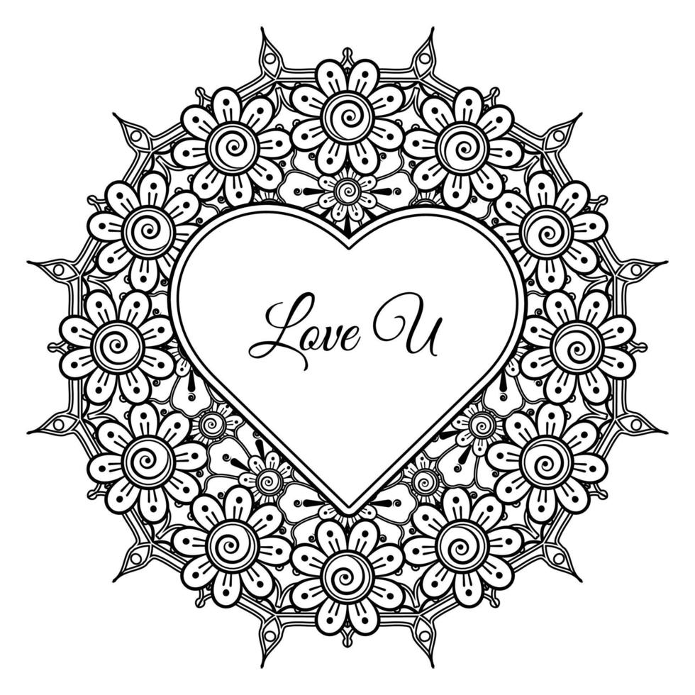 Mehndi flower with frame in shape of heart. decoration in ethnic oriental, doodle ornament. vector