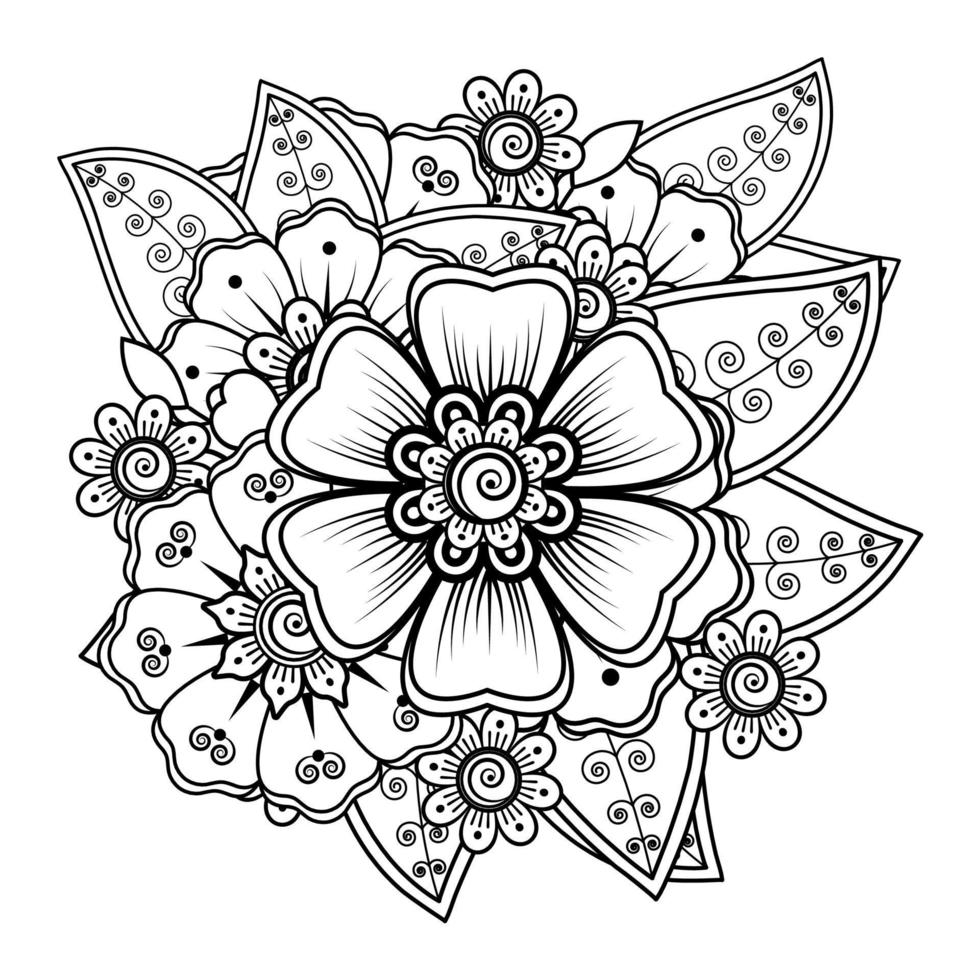 flor mehndi para henna, mehndi, tatuaje, decoración. adorno decorativo en estilo étnico oriental, adorno de doodle, dibujo a mano de contorno. página de libro para colorear. vector