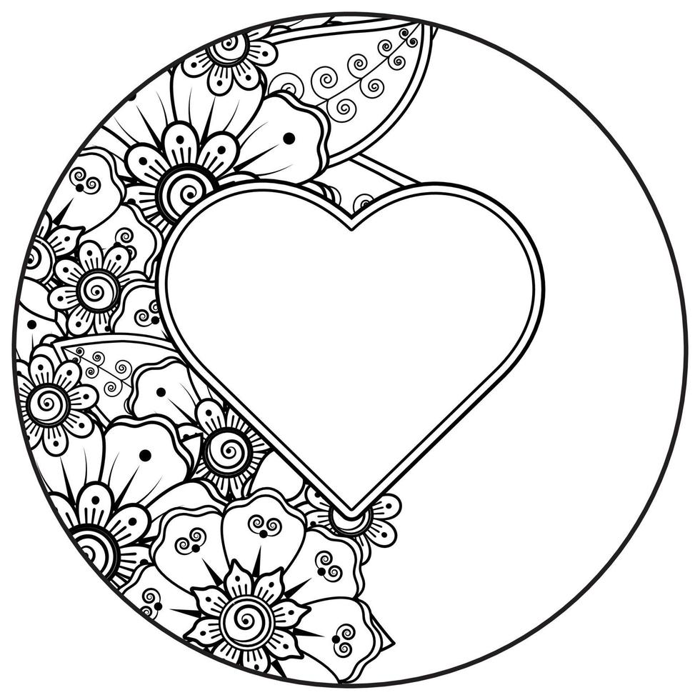 Mehndi flower with frame in shape of heart. decoration in ethnic oriental, doodle ornament. vector