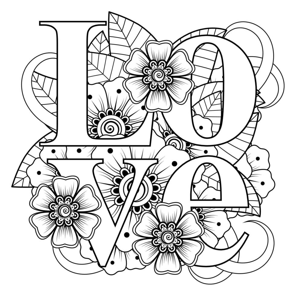 palabras de amor con flores mehndi para colorear página de libro doodle adorno vector