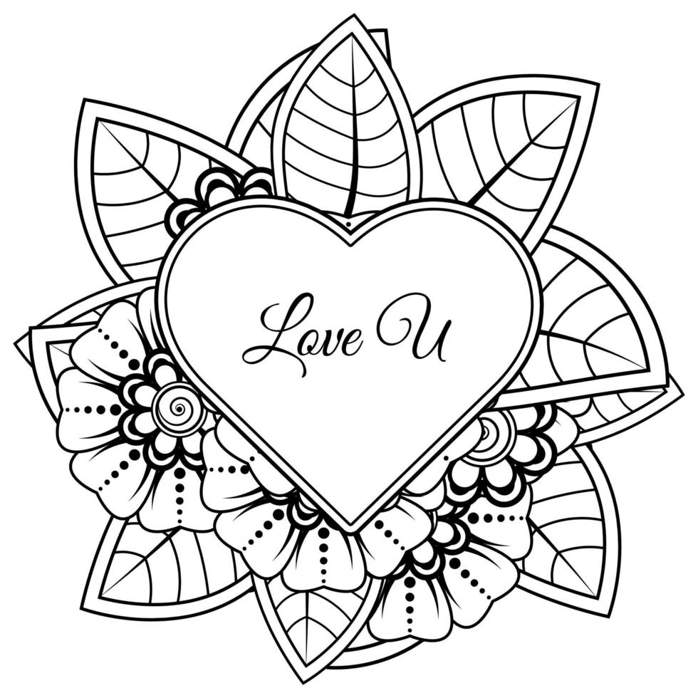 Mehndi flower with frame in shape of heart. decoration in ethnic oriental, doodle ornament. vector