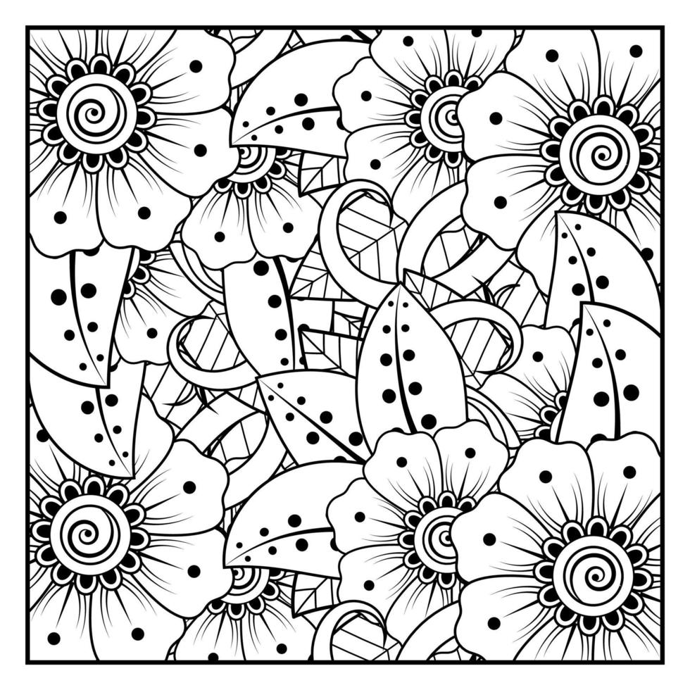 flor mehndi para henna, mehndi, tatuaje, decoración. adorno decorativo en estilo étnico oriental, adorno de doodle, dibujo a mano de contorno. página de libro para colorear. vector