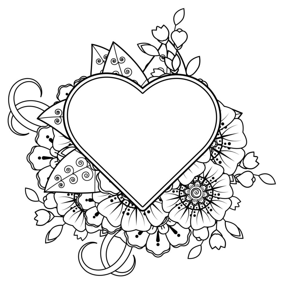 flor mehndi con marco en forma de corazón. decoración en adornos étnicos orientales, doodle. vector