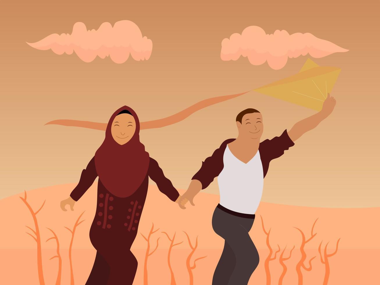 a couple having fun flying kites and running together vector