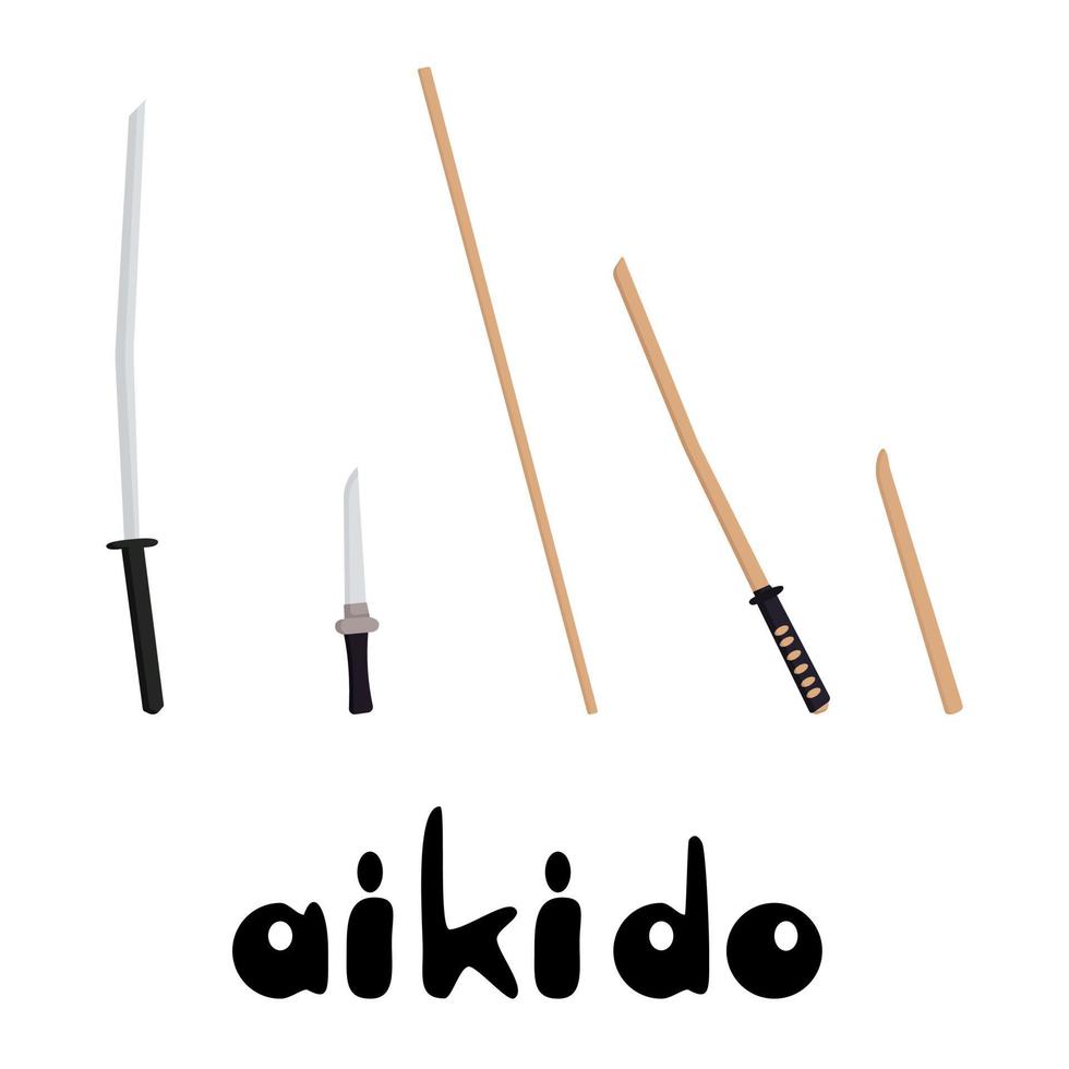 Weapons in aikido, training and combat weapons for practicing aikido vector