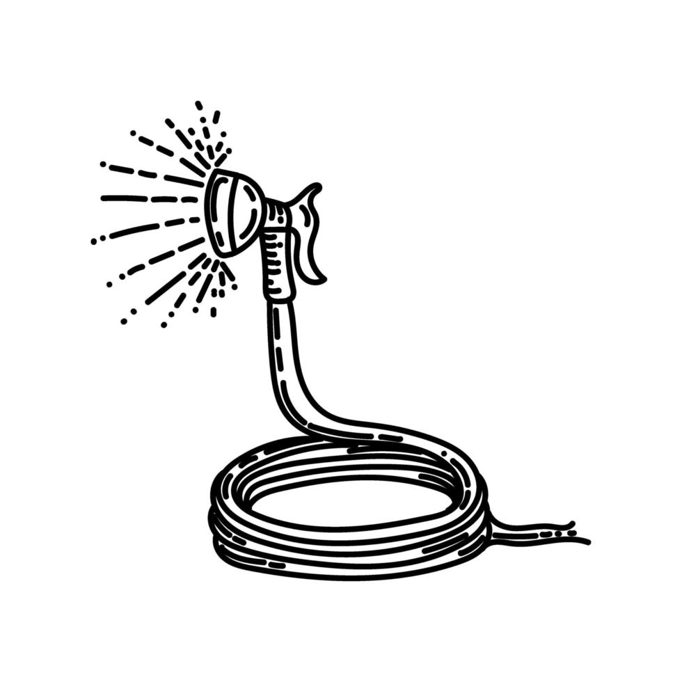 The water hose is a hand-drawn doodle-style element. Hose for watering plants in the garden. Work in the garden. Simple linear vector style for logos, icons and emblems.