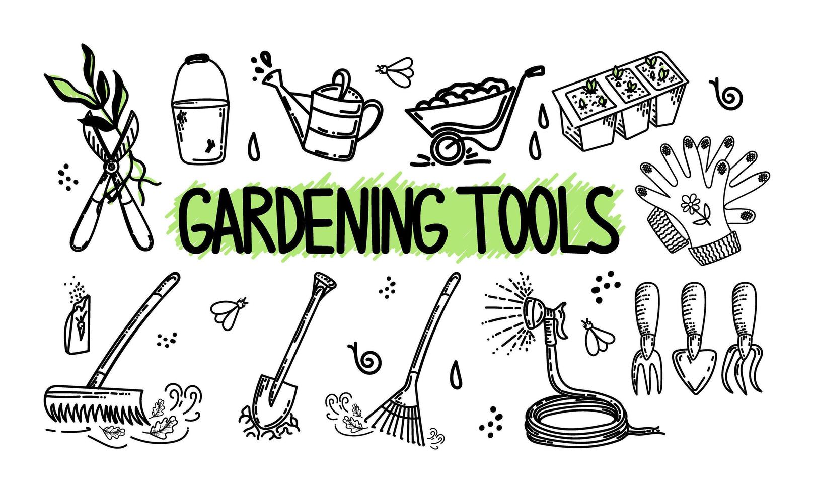 A set of hand-drawn doodle-style gardening elements. Planting young trees. Spring work in the garden. Tools for the garden. Simple linear vector style for logos, icons and emblems.