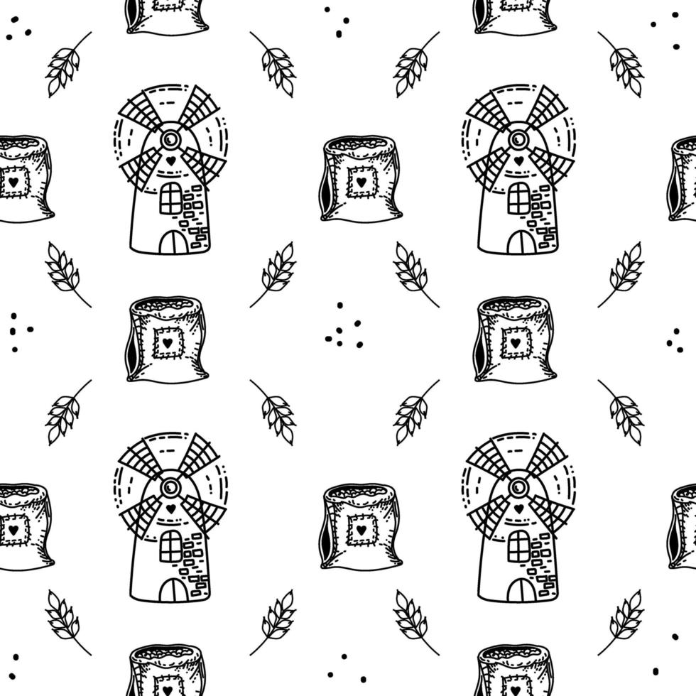 A seamless pattern with a mill, flour, and ears of wheat. Hand-drawn doodle-style elements. Cute windmill with a heart. Suitable for textiles, wallpaper and packaging. vector