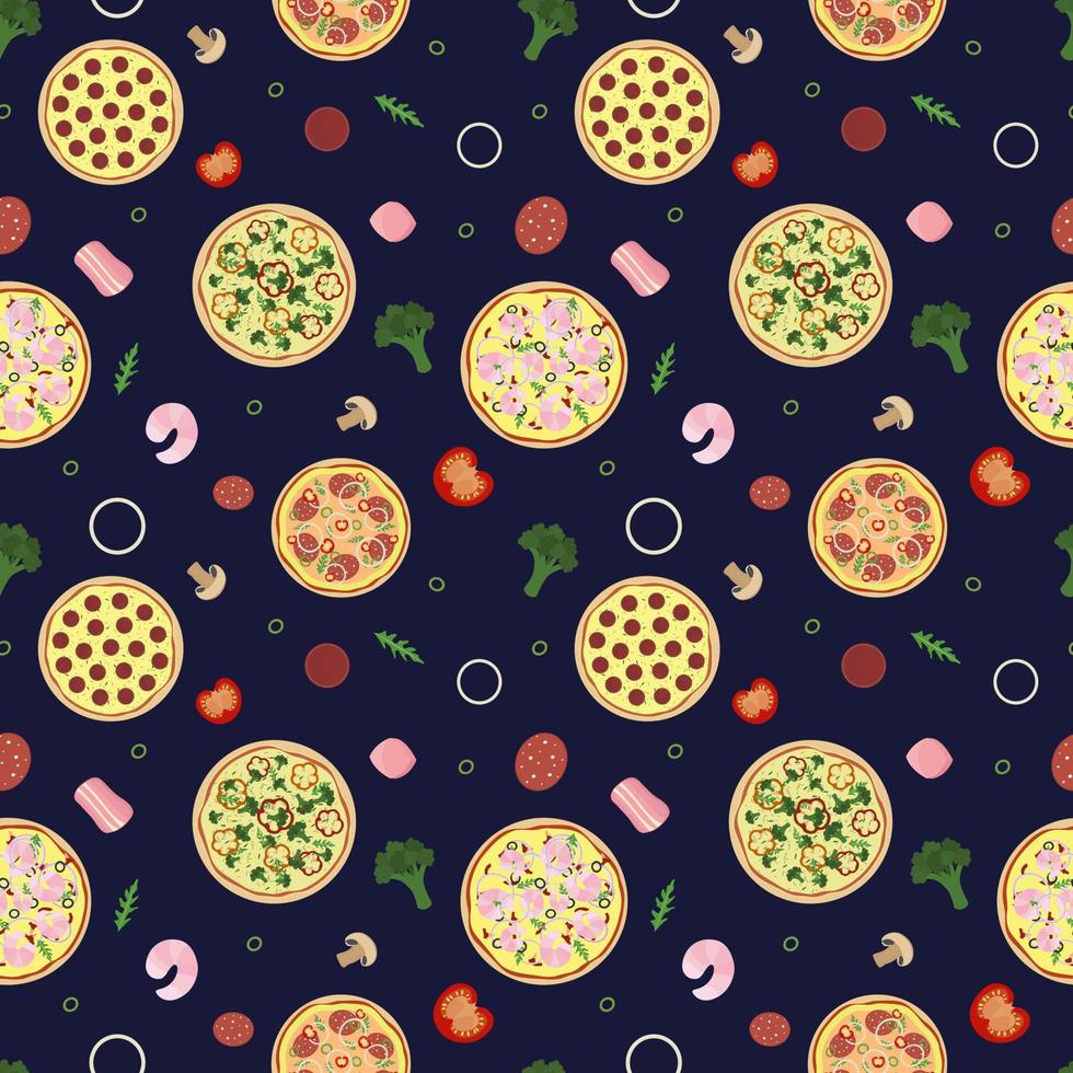 Pizza vector pattern. Seamless dark background with food ingredients