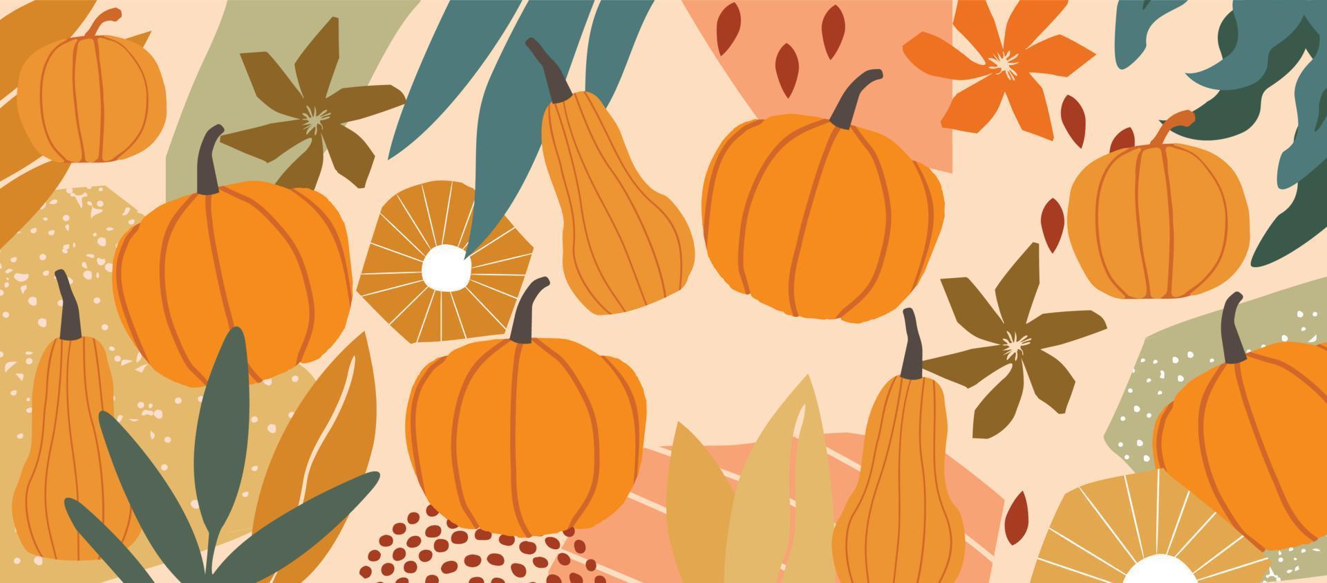 Autumn inspired poster with pumpkins and leaves vector illustration. Fall season background