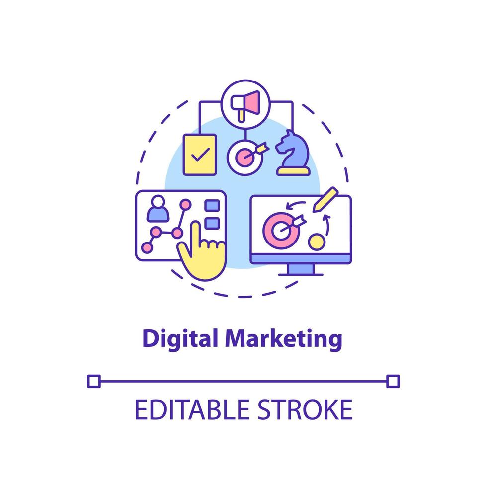 Digital marketing concept icon. Products and service promotion. Major digital skills abstract idea thin line illustration. Isolated outline drawing. Editable stroke. Arial, Myriad Pro-Bold fonts used vector