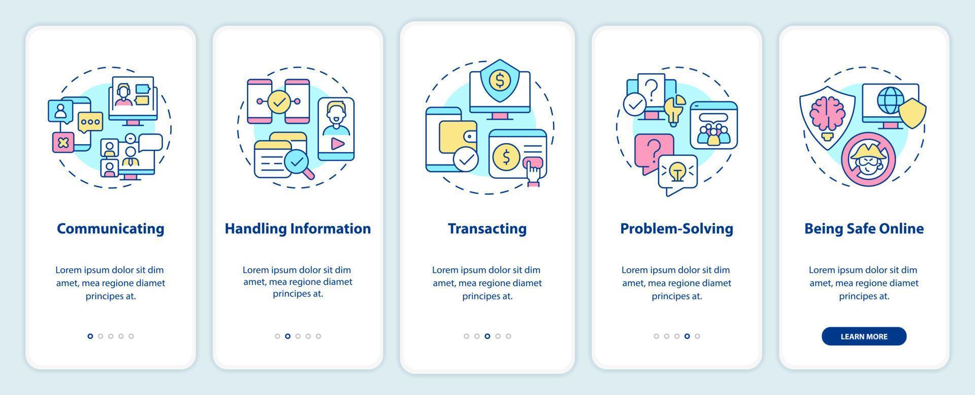 Digital skills onboarding mobile app screen. Computer systems walkthrough 5 steps graphic instructions pages with linear concepts. UI, UX, GUI template. Myriad Pro-Bold, Regular fonts used vector