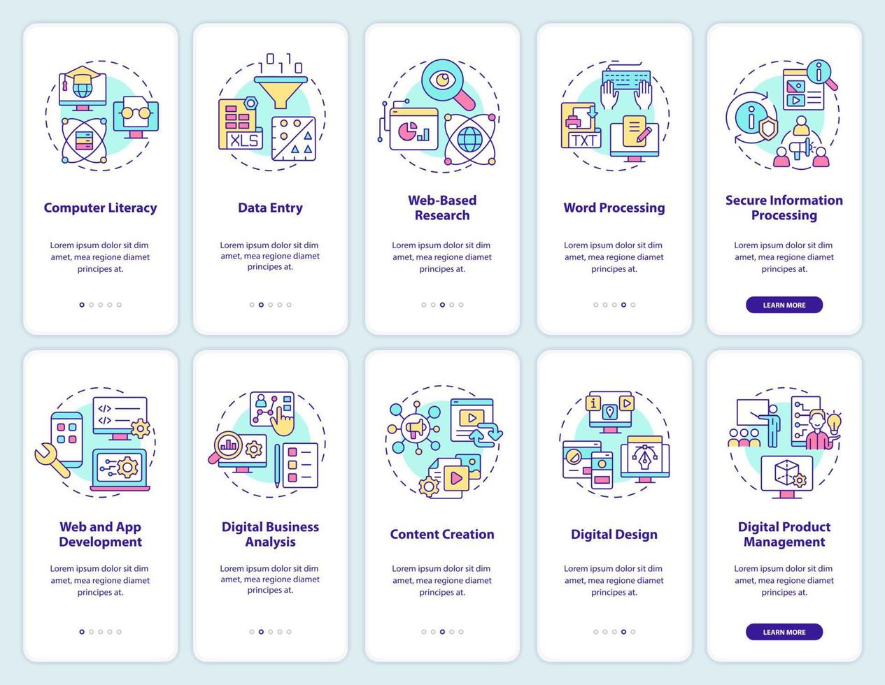 Digital skills and literacy onboarding mobile app screen set. Walkthrough 5 steps graphic instructions pages with linear concepts. UI, UX, GUI template. Myriad Pro-Bold, Regular fonts used vector
