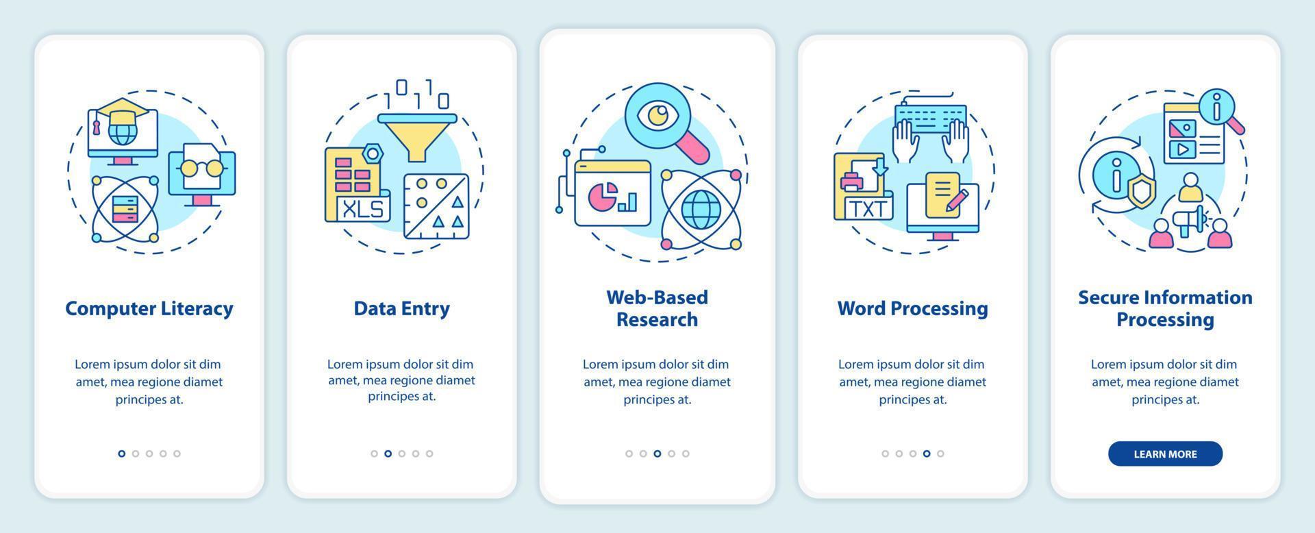 Basic digital skills onboarding mobile app screen. Computer literacy walkthrough 5 steps graphic instructions pages with linear concepts. UI, UX, GUI template. Myriad Pro-Bold, Regular fonts used vector