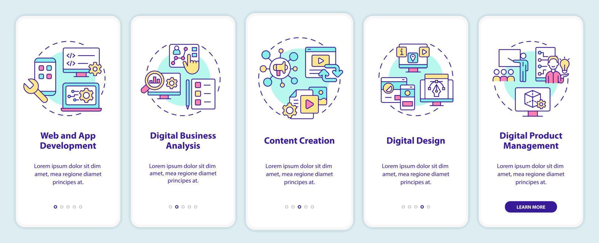 Advanced digital skills onboarding mobile app screen. Computer literacy walkthrough 5 steps graphic instructions pages with linear concepts. UI, UX, GUI template. Myriad Pro-Bold, Regular fonts used vector