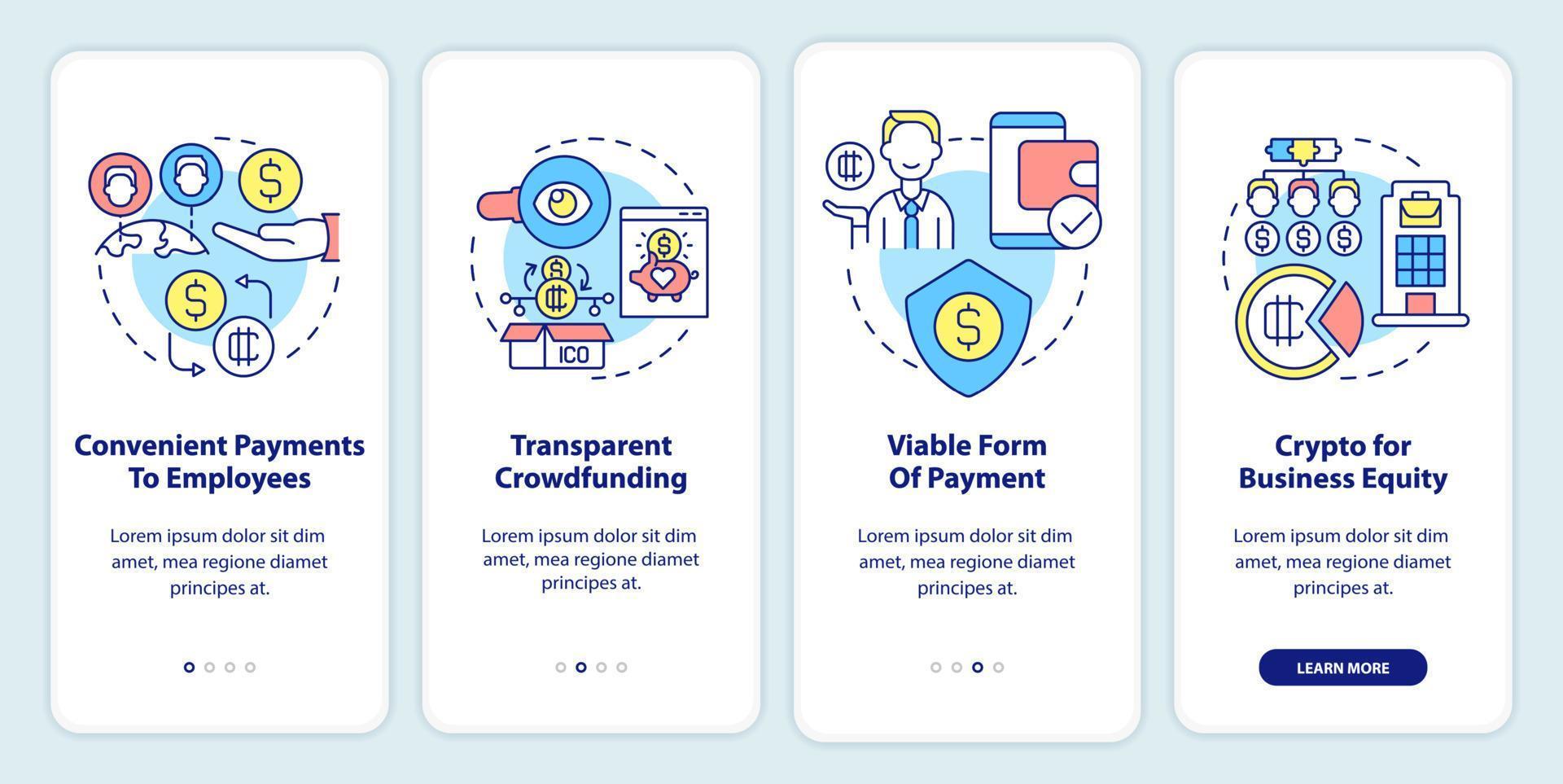 Cryptocurrency benefits in usage onboarding mobile app screen. Business walkthrough 4 steps graphic instructions pages with linear concepts. UI, UX, GUI template. Myriad Pro-Bold, Regular fonts used vector