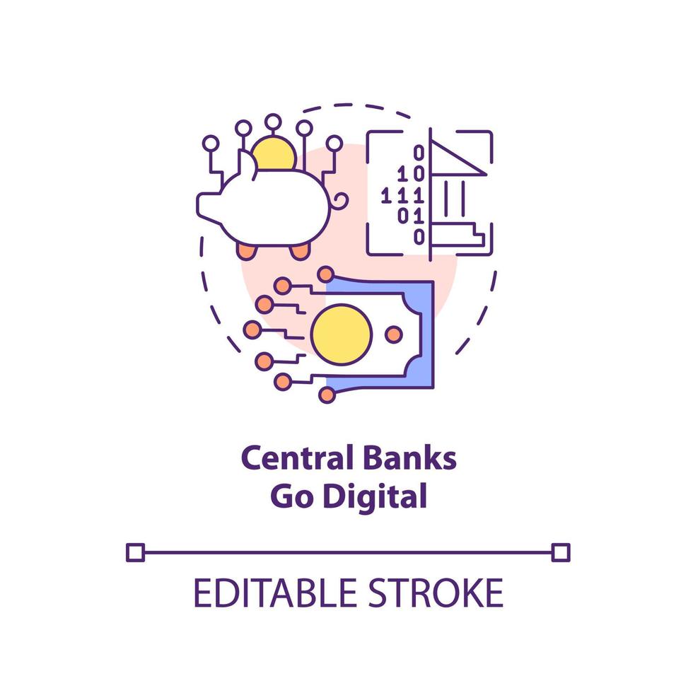 Los bancos centrales se vuelven icono del concepto digital. debilidad de la criptomoneda en el futuro previsible idea abstracta ilustración de línea delgada. dibujo de contorno aislado. trazo editable. arial, innumerables fuentes pro-bold utilizadas vector