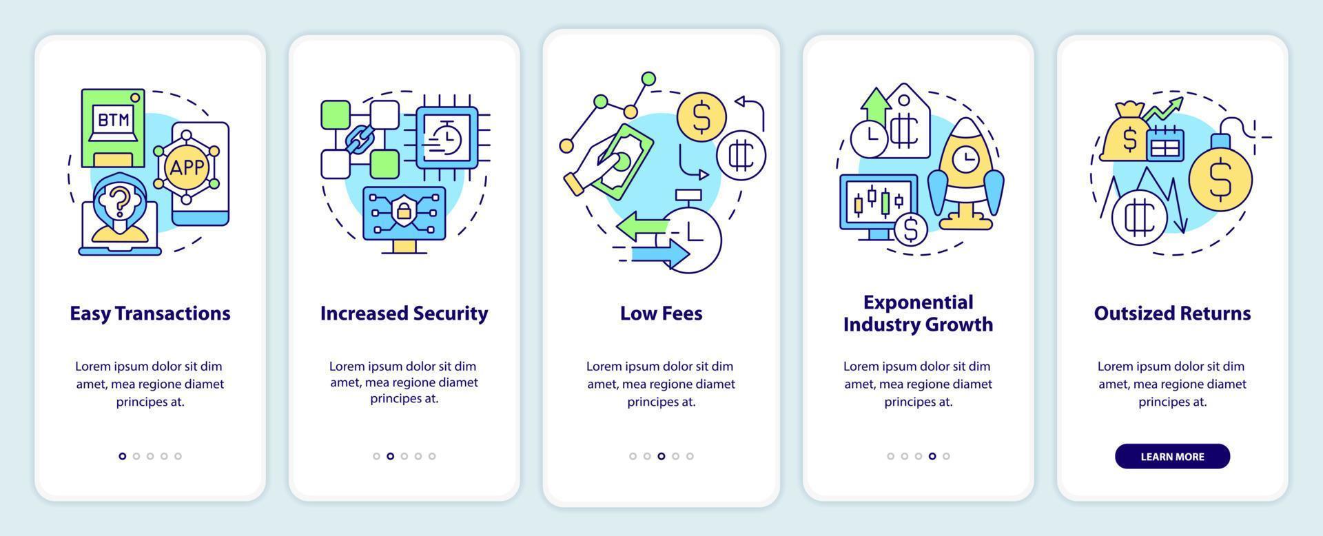 profesionales de criptomonedas que incorporan la pantalla de la aplicación móvil. tutorial de transacciones fáciles páginas de instrucciones gráficas de 5 pasos con conceptos lineales. interfaz de usuario, ux, plantilla de interfaz gráfica de usuario. innumerables fuentes pro-negrita y regulares utilizadas vector