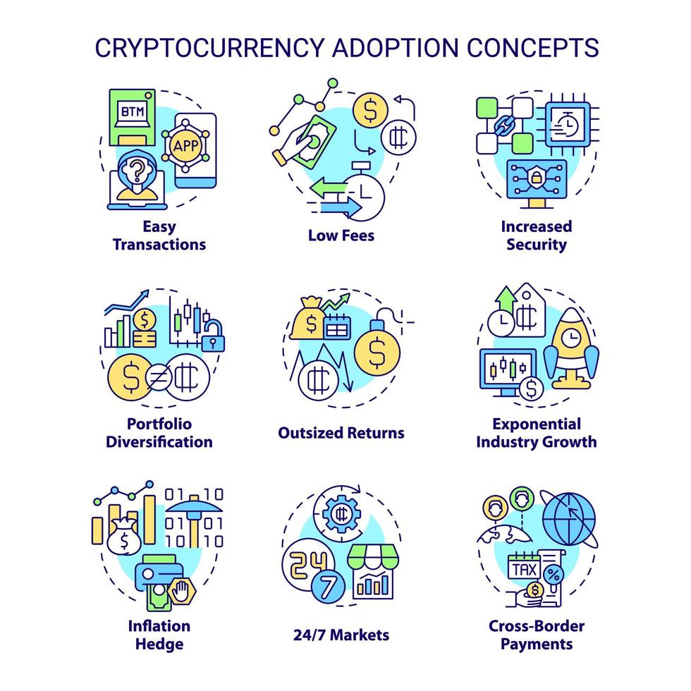 Cryptocurrency adoption concept icons set. Cross-border payments idea thin line color illustrations. Low fees. Isolated symbols. Editable stroke. Roboto-Medium, Myriad Pro-Bold fonts used vector
