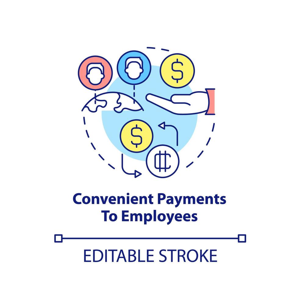 Convenient payments to employees concept icon. Cryptocurrency benefit in usage abstract idea thin line illustration. Isolated outline drawing. Editable stroke. Arial, Myriad Pro-Bold fonts used vector