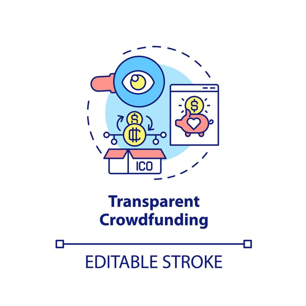 icono de concepto de financiación colectiva transparente. ventaja de la criptomoneda en el uso ilustración de línea delgada de idea abstracta. dibujo de contorno aislado. trazo editable. arial, innumerables fuentes pro-bold utilizadas vector