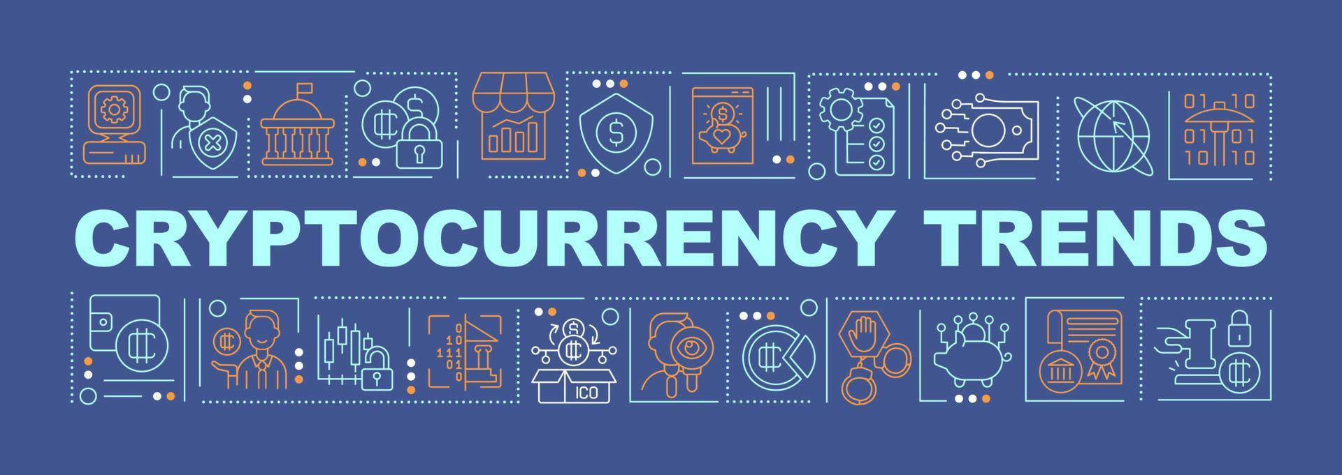 Cryptocurrency tendencies word concepts dark blue banner. Global market. Infographics with icons on color background. Isolated typography. Vector illustration with text. Arial-Black font used