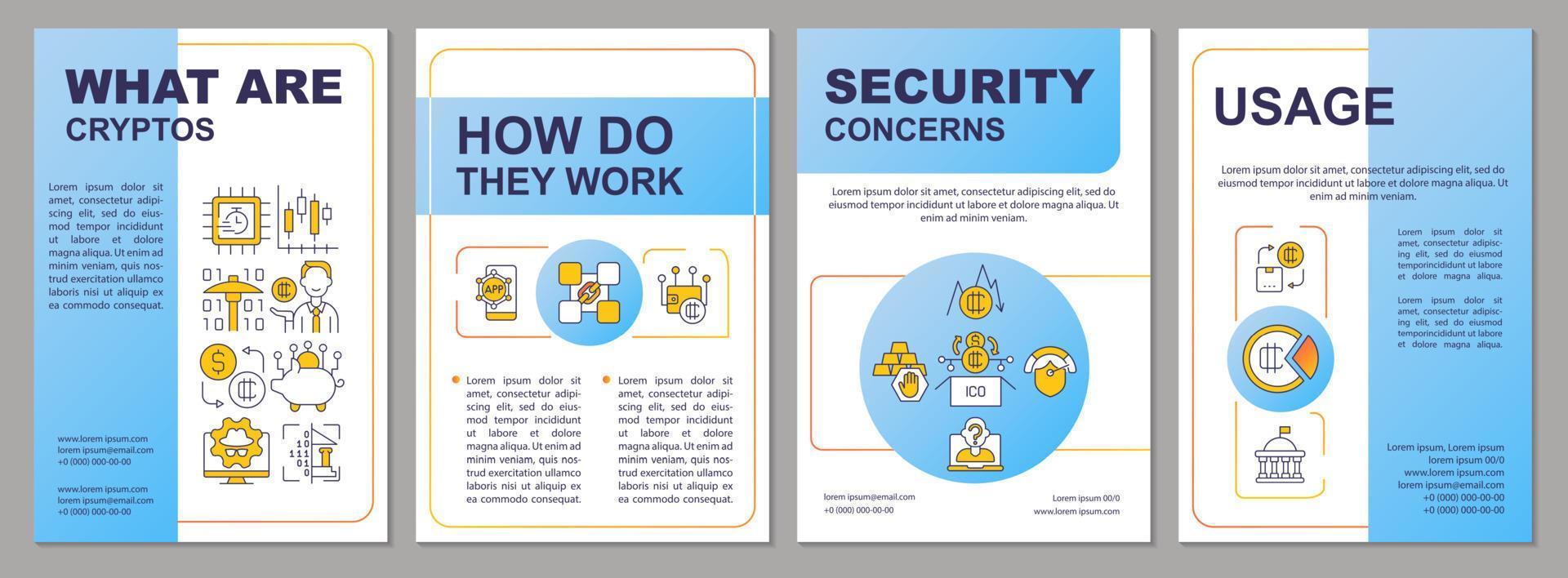 Cryptocurrency meaning blue brochure template. How crypto works. Leaflet design with linear icons. 4 vector layouts for presentation, annual reports. Arial, Myriad Pro-Regular fonts used