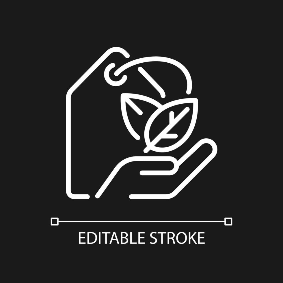 Eco brand pixel perfect white linear icon for dark theme. Sustainable business. Eco friendly, vegan products. Thin line illustration. Isolated symbol for night mode. Editable stroke. Arial font used vector