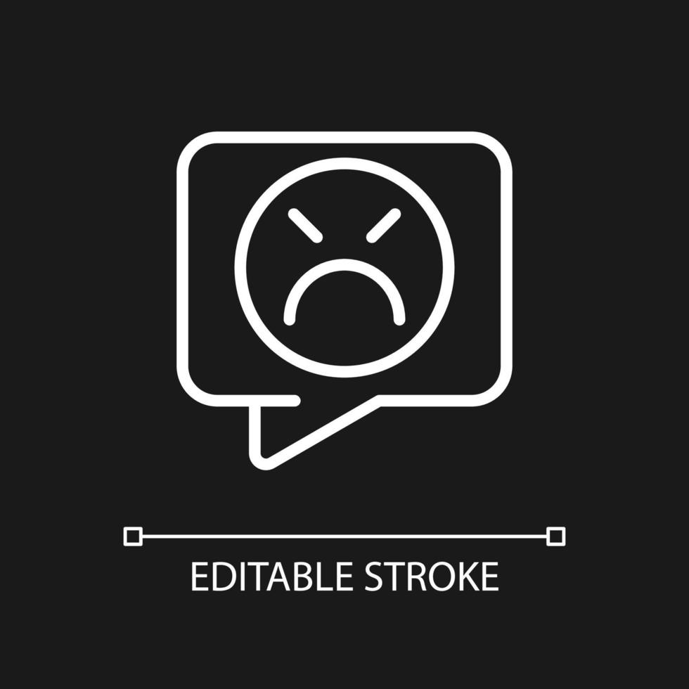Complaint pixel perfect white linear icon for dark theme. Negative feedback on service. Dissatisfied customer. Thin line illustration. Isolated symbol for night mode. Editable stroke. Arial font used vector