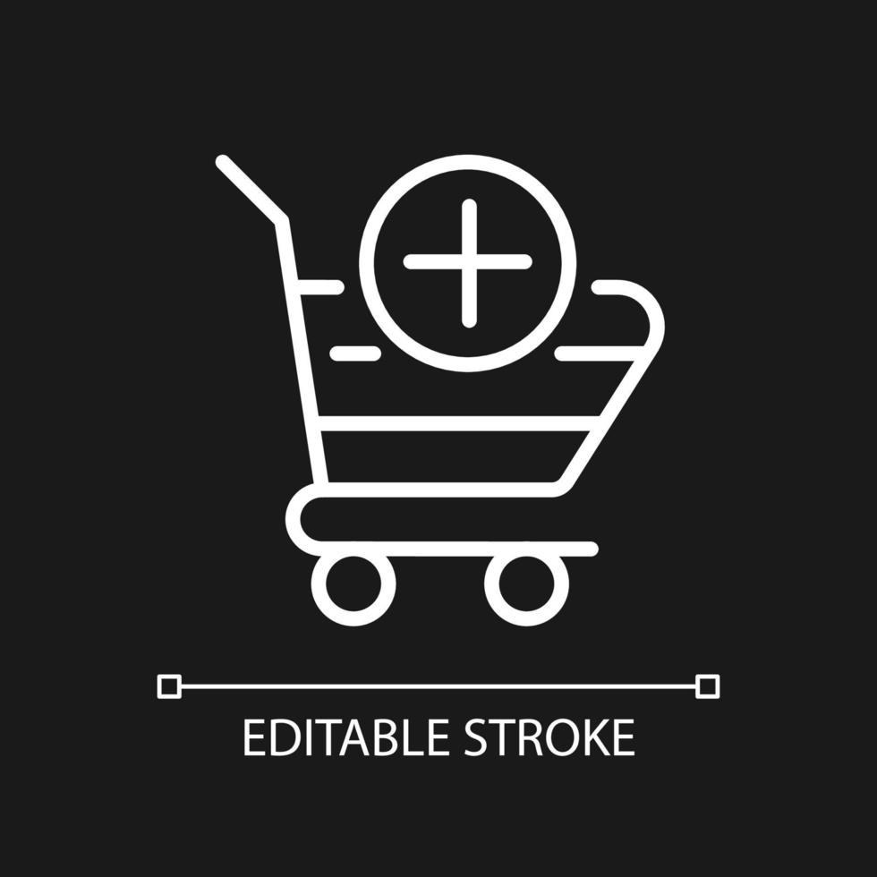 Shopping cart pixel perfect white linear icon for dark theme. Selected items in basket. Online shopping. Thin line illustration. Isolated symbol for night mode. Editable stroke. Arial font used vector