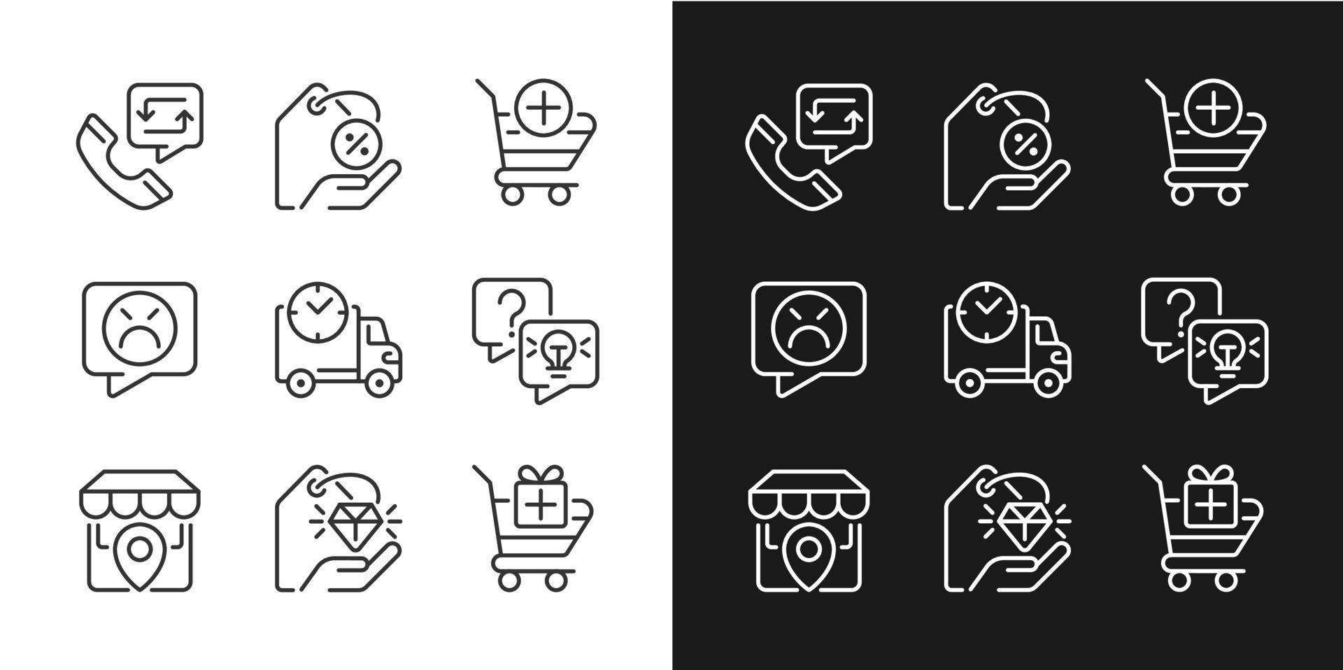 Internet shopping features pixel perfect linear icons set for dark, light mode. Customer service. Product delivery. Thin line symbols for night, day theme. Isolated illustrations. Editable stroke vector