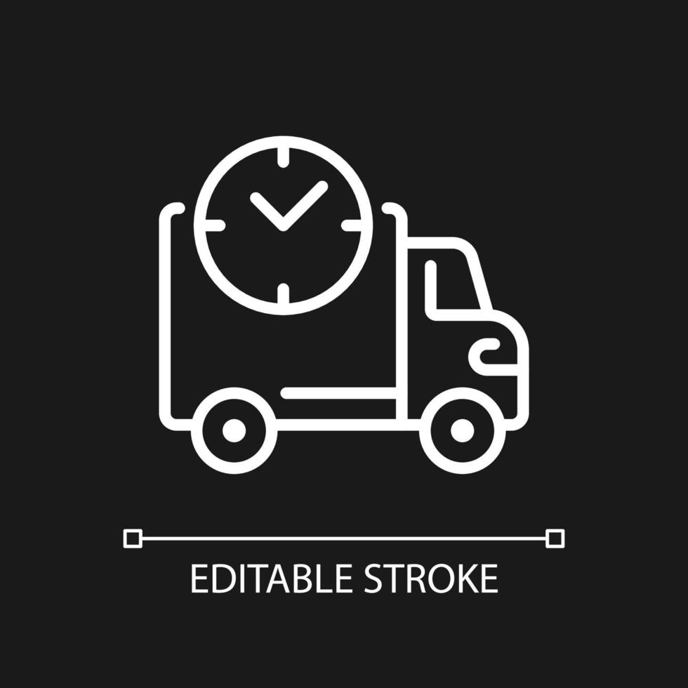 Shipping time pixel perfect white linear icon for dark theme. Delivery service information. Online shopping. Thin line illustration. Isolated symbol for night mode. Editable stroke. Arial font used vector
