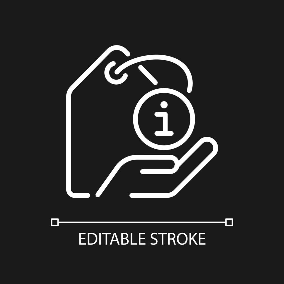 Product information pixel perfect white linear icon for dark theme. Item description. Material and ingredients. Thin line illustration. Isolated symbol for night mode. Editable stroke. Arial font used vector