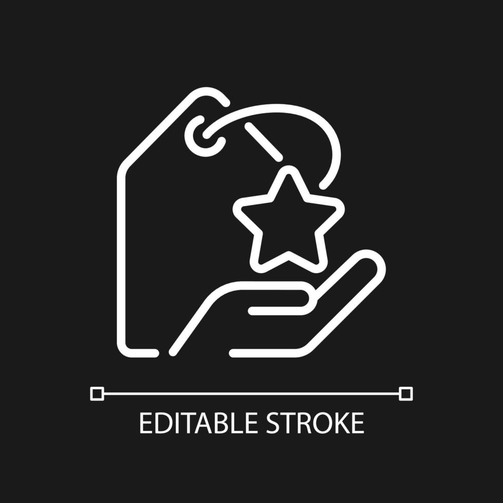 Special offer pixel perfect white linear icon for dark theme. Online shopping. Marketing strategy, promotion. Thin line illustration. Isolated symbol for night mode. Editable stroke. Arial font used vector