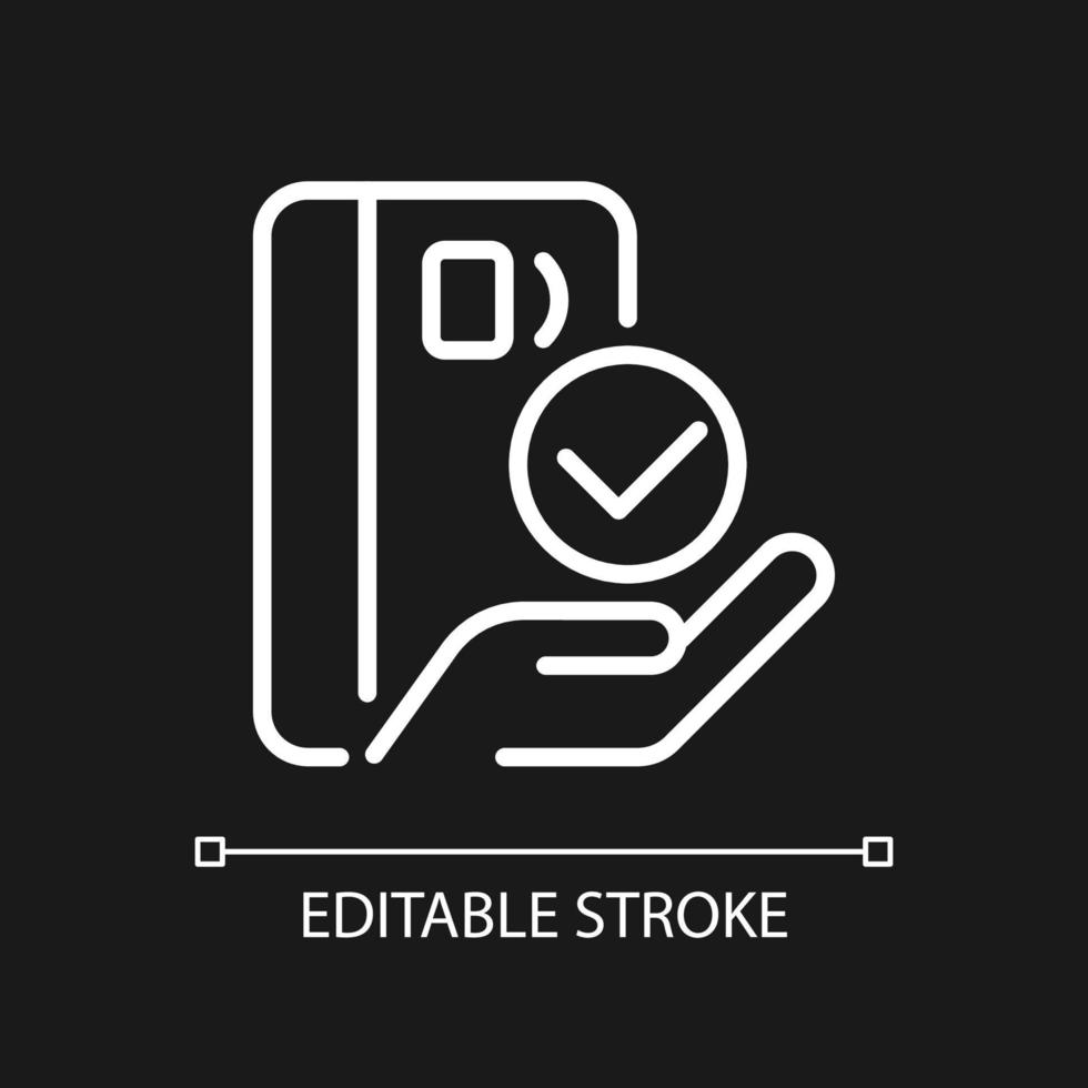 Payment with credit card pixel perfect white linear icon for dark theme. Pay for purchase online. Debit card. Thin line illustration. Isolated symbol for night mode. Editable stroke. Arial font used vector