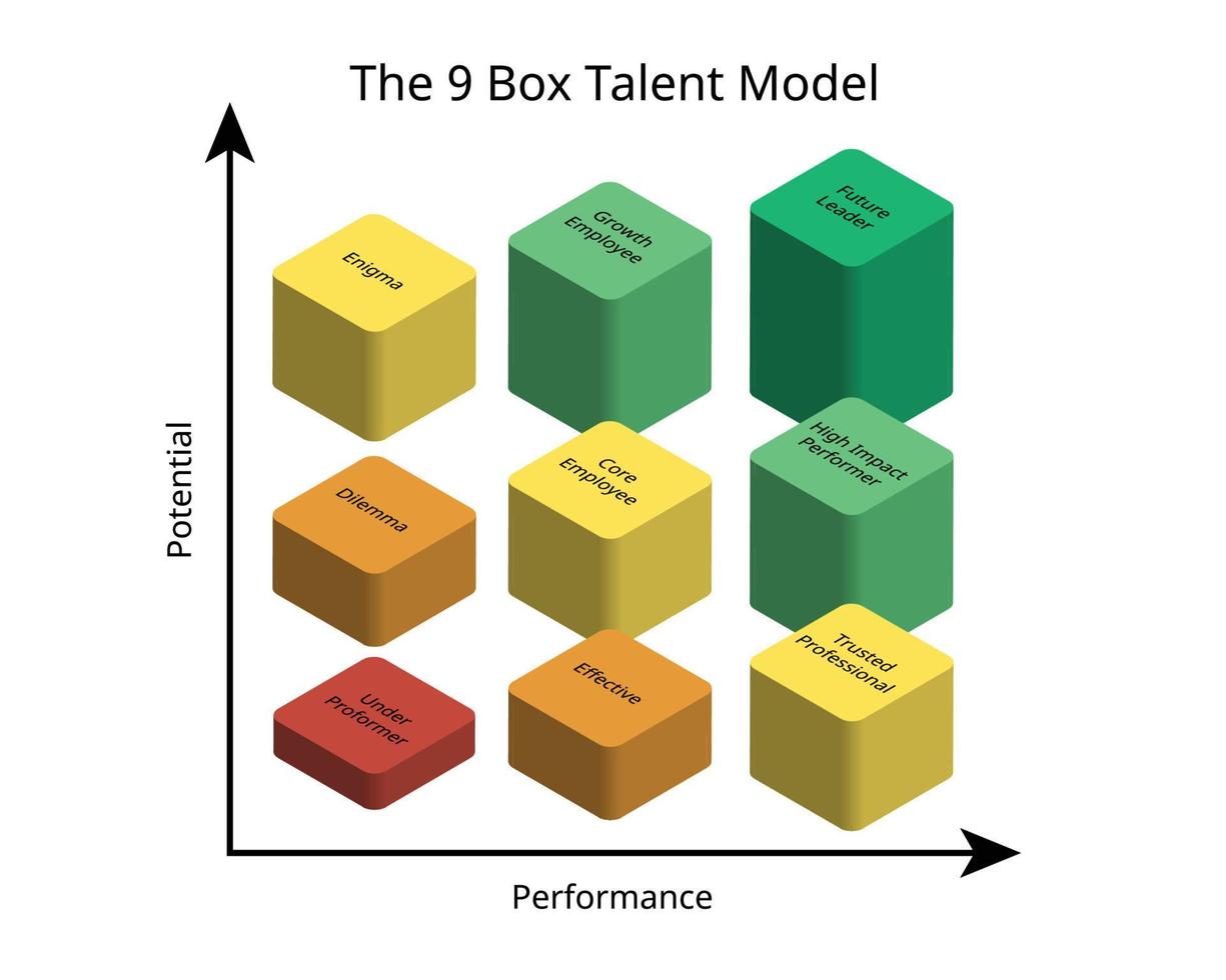 the 9 box talent model or the 9-box grid  is a tool used to analyze, display, and compare employee work performance and potential vector