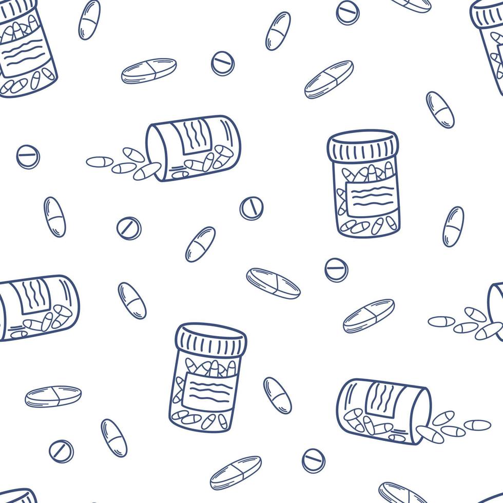 Tablets seamless pattern. Medicine outline art background. Vitamins, dietary supplements, Pills. Perfect for printing, textiles, wrapping paper.  Hand drawn vector illustration