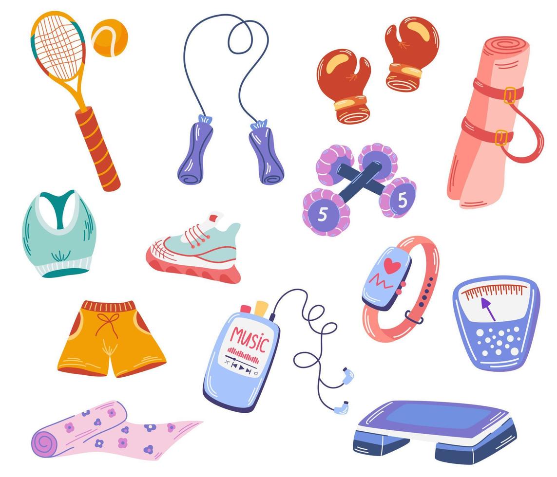 conjunto de equipamiento deportivo. Inventario de fitness diferente, accesorios de gimnasio. concepto de estilo de vida saludable. ilustraciones vectoriales modernas dibujadas a mano aisladas en el fondo blanco. vector